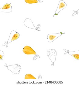 Patrón transparente de pera acuarela sobre fondo blanco. Papel tapizado de frutas de verano con doodle. Diseño vectorial de textura moderna para tejidos, prendas de vestir, cubiertas, papel de envoltura, raspado, textil.