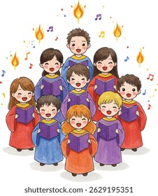 Watercolor Pentecost Children’s Choir, Joyful Kids Singing Hymns with Tongues of Fire