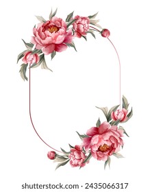 Watercolor peonies frame. Vector floral peony wreath. Wedding invitations, posters, cosmetics and cards. 