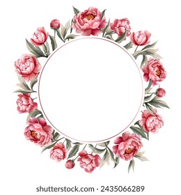 Montura redonda de peonías de acuarela. Plantilla de peonía floral vectorial. Para invitación de boda, póster y tarjeta. 