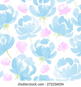 Watercolor Peonies seamless fabric pattern. Hand Drawn Vector Illustration