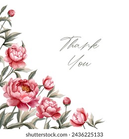 Marco cuadrado de peonías de acuarela. Plantilla de peonía floral vectorial. Para invitación de boda, póster y tarjeta. 