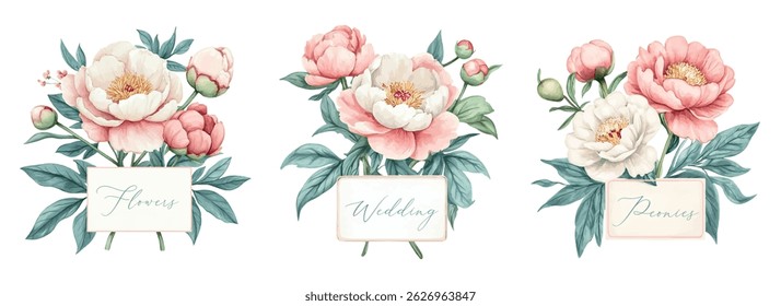 Watercolor peony bouquets with text frames png. Watercolor floral bouquets with text frame in vintage style. Elements for wedding invitations and decorations.