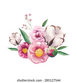 Watercolor peony, cotton, wild flowers and roses bouquet. Artistic leaves, flowers and branch combination. Vector hand drawn botanical illustration. Isolated flowers posy on white background