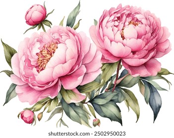 Watercolor peony rose bouquet illustration. Hand draw rose flower