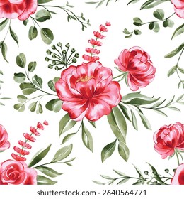 Watercolor Peony and Rose Seamless Pattern: Lush Crimson Blooms and Greenery