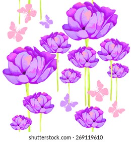 Watercolor peony. Seamless pattern with bright watercolor violet flowers and pink butterflies.  Floral background.