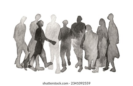Watercolor people silhouettes vector set. Group of black shapes icons isolated on a white background. Hand drawn illustration.