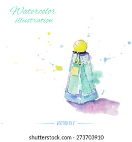 Watercolor perfume bottle. Fashion illustration.  Vector illustration