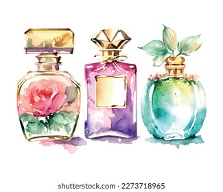 Acuarela Botella Perfume con flores. Ilustración vectorial. Moda y estilo