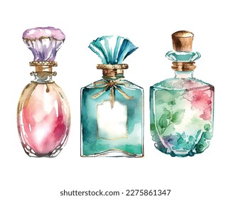 Acuarela Botella Perfume con flores. Ilustración vectorial. Moda y estilo