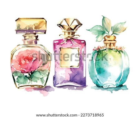 Watercolor Perfume bottle with flowers. Vector illustration. Fashion and style