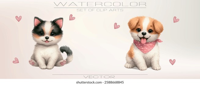 Watercolor pet clipart collection. Cute hand-painted illustrations of furry friends.