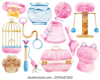 Watercolor Pet Supplies Illustration Set, Hand-painted, Cute, Realistic, Cat Toys, Scratching Post, Pet Carrier, Paw Print, Birdcage, Leash, Collar, Litter Box, DIY, Decor, Scrapbooking