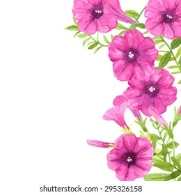 Watercolor petunias. Border made of pink petunia flowers and leaves on white background with space for text.
