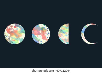 watercolor phases of moon, Vector illustration.