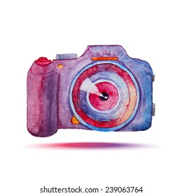 Watercolor photo camera. Isolated hand drawn bright object. Vector illustration