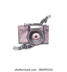 Watercolor photo camera label. Hand drawn isolated illustration with camera body and photo film. Vector artistic object