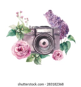 Watercolor photo label. Hand drawn photo camera surrounded by various flowers: roses, lilac, leaves and branches. Vector illustrations collage