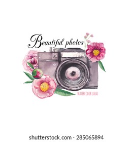 Watercolor photo label. Hand drawn photo camera surrounded by various flowers: roses, peony, leaves and branches. Vector collage logo