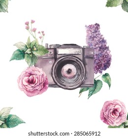 Watercolor photo pattern with white background. Hand drawn seamless texture with photo camera surrounded by various flowers: roses, lilac, leaves and branches. Vector wallpaper 