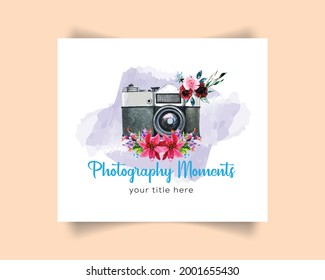 Watercolor photographer logo with flowers, leaves, branches on white background