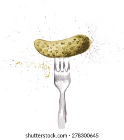 Watercolor pickle on a fork