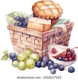 Watercolor picnic basket with apple cupcake and grapes