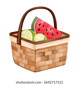 Watercolor picnic basket with fresh fruits in hand drawn style for summer design, seasonal illustration