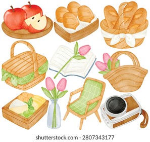 Watercolor picnic set with apples bread rolls baguettes basket open book flowers cheese box tulip vase and chair