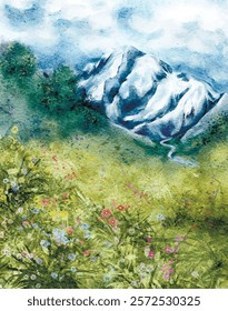 imagem aquarela de montanhas paisagem
vetor, céu, vista desenhada à mão, natureza, prado