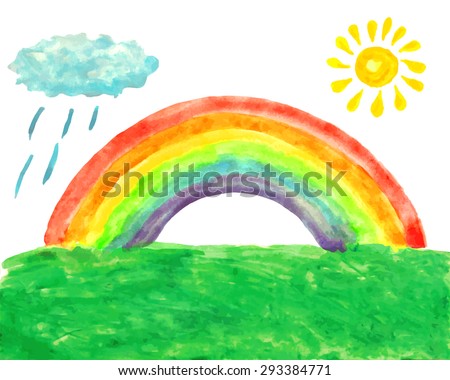 Watercolor picture with rainbow, sun, rainy cloud and grass. Summer landscape. Child's drawing. Vector illustration. Image trace.