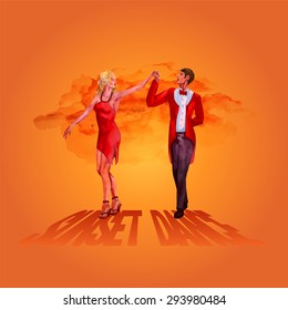 watercolor picture of a young couple's dance. A man in a red suit hold a lady's hand in a red dress in a motion. spot of a sunset orange sky as background and word sunset dance as a shadow
