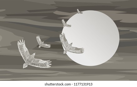 Watercolor picture.flying 
skein in the night sky.Big moon.Romantic vector illustration.Flying ravens.Vector illustration.Watercolor background with hand drawn flying eagle.Clolouds sky.