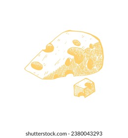 Watercolor piece swiss cheeses emmental cheese triangle with holes. Delicious milk food hand-drawn illustration isolated on white background. Perfect for menu, recipe, label, packaging design.