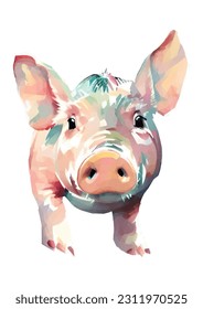 Watercolor piglet as vector in low poly art. Piggy in front of white background.