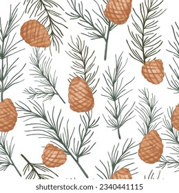 Watercolor pine cone autumn seamless pattern