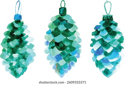 Watercolor Pine Cone Ornaments - Teal Blue Green Christmas Decoration vector illustration
