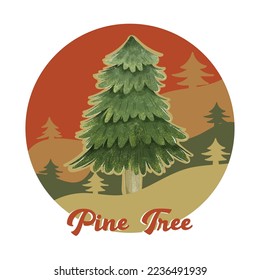 Watercolor Pine Tree Composition with Retro Background of Mountains Vector 04
