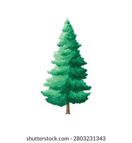 Watercolor pine tree with green needles brown trunk and natural form as the main subject