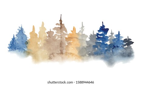 Watercolor pine trees hand drawn illustration isolated on white background