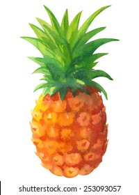 Fruta de abacaxi aquarela inteira com folhas closeup isolado no fundo branco