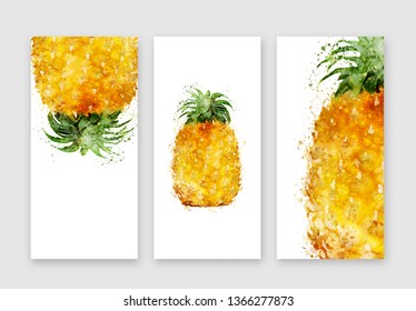 Watercolor pineapple isolated on white background, hand drawn illustration. Tropical summer fruit in grunge painting technique with splatter, front view, summertime banners set.