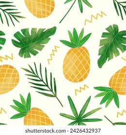 watercolor pineapple and tropical leaves seamless pattern