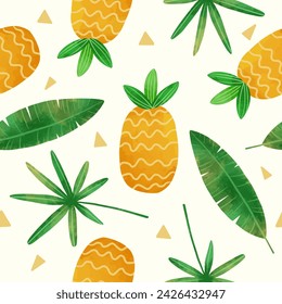 watercolor pineapple and tropical leaves seamless pattern
