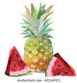 Watercolor Pineapple and Watermelon isolated on white background Vector