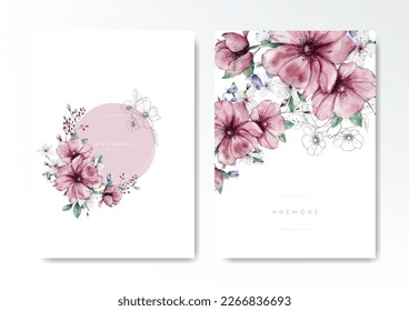 Watercolor pink anemone with sketch background template vector design set, suitable for print job, card, background and etc.