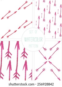 Watercolor pink arrow. Seamless pattern set