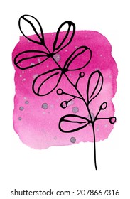 Watercolor pink background and black contour twigs. Hand-drawn, background and twig are isolated from each other, can be moved to your liking.