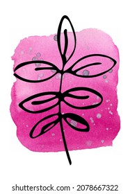 Watercolor pink background and black contour twigs. Hand-drawn, background and twig are isolated from each other, can be moved to your liking.